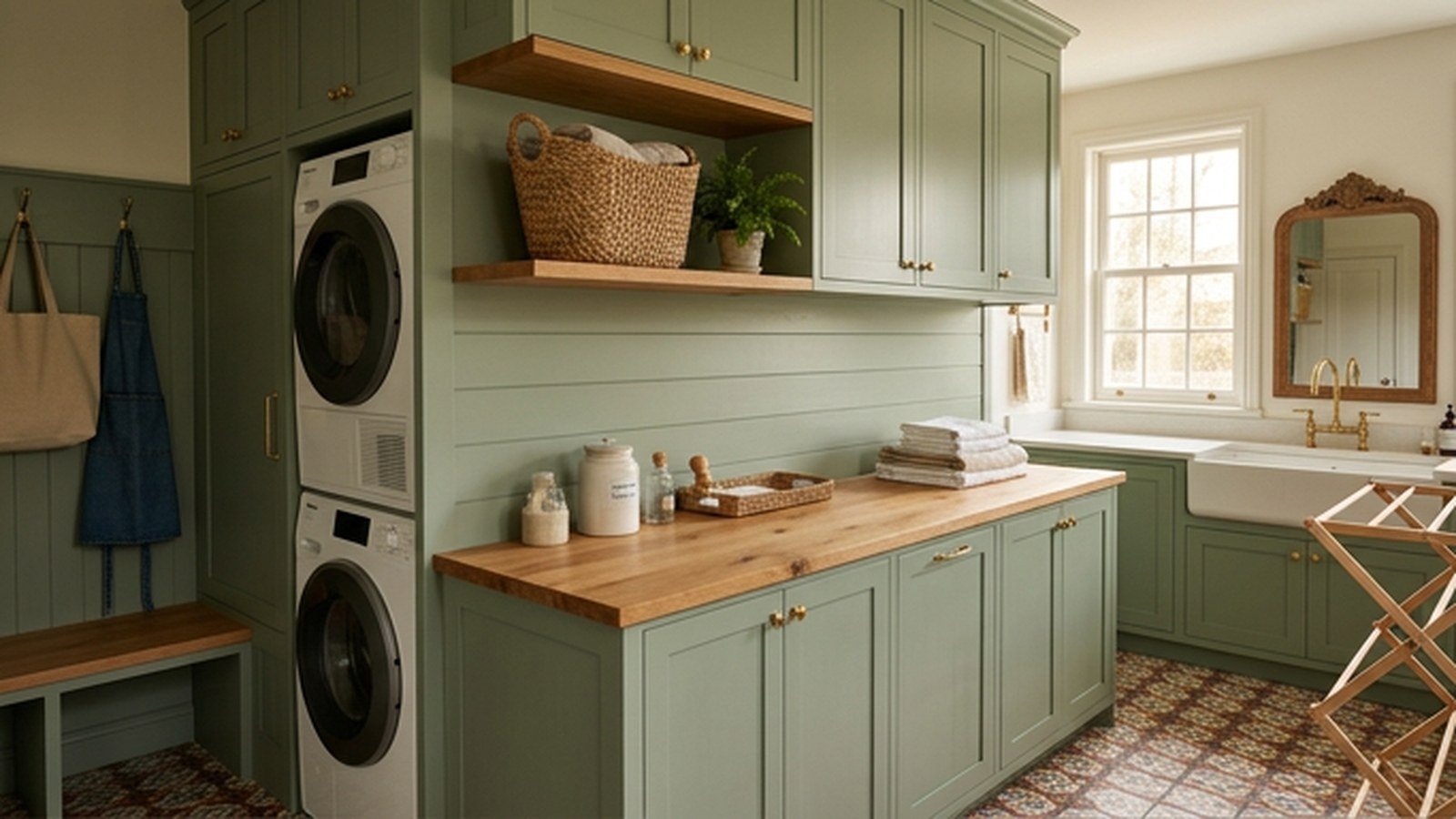 A green laundry room with sage cabinetry and brass hardware