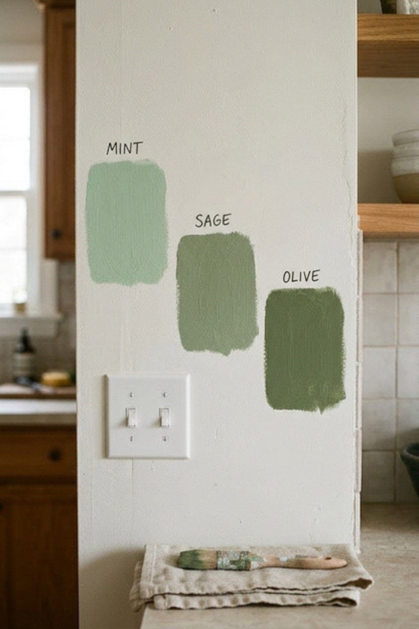 Green paint sample patches painted directly on a kitchen wall