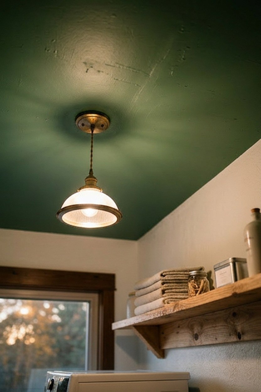 A green painted ceiling creating a cozy enclosed laundry room feel