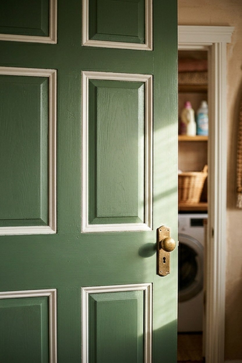 A green painted door with contrasting white trim leading to a laundry room
