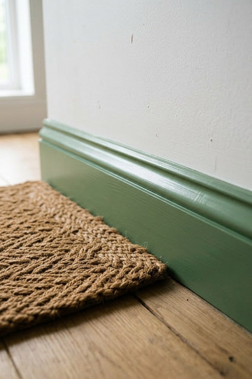 Green painted trim against white walls in a laundry room
