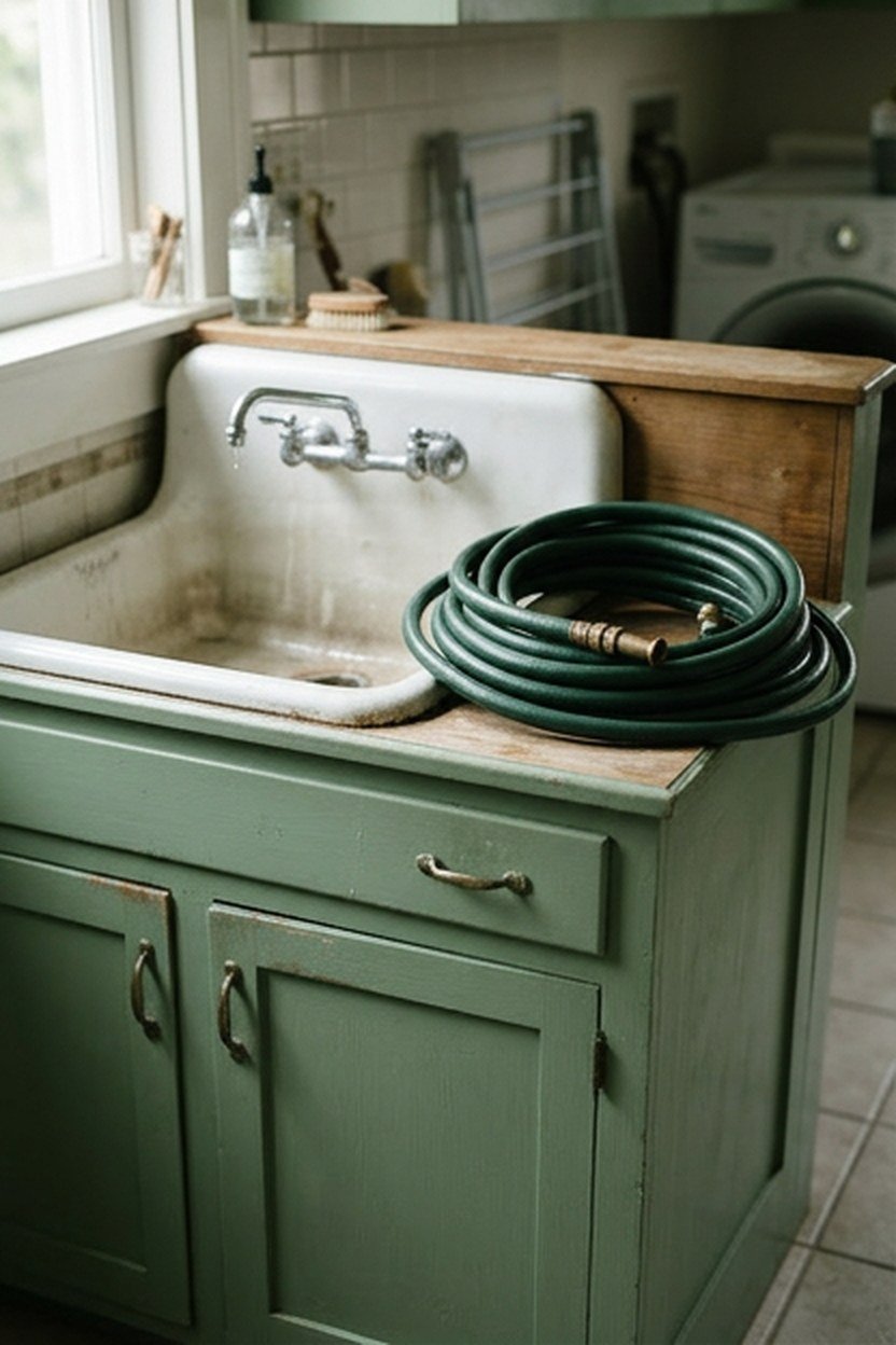 A green painted utility sink cabinet in a laundry room