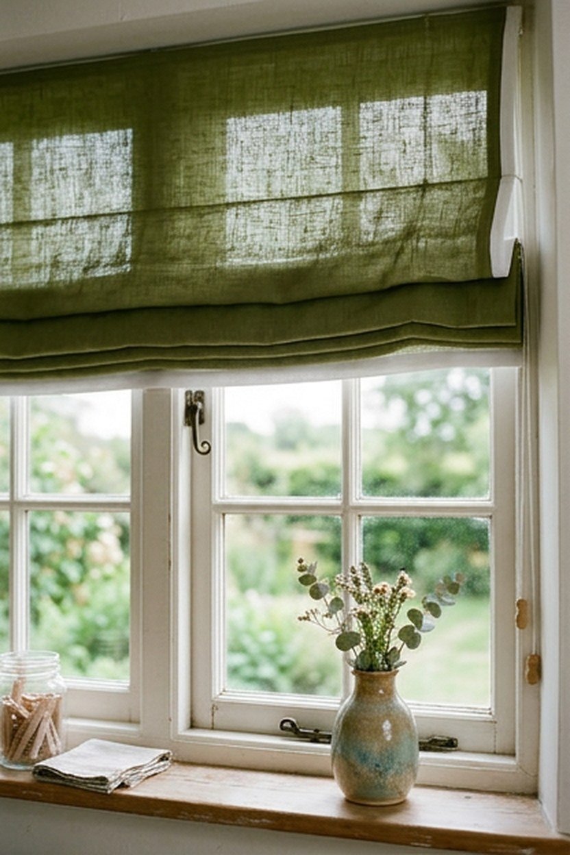 Green Roman shades installed at a laundry room window