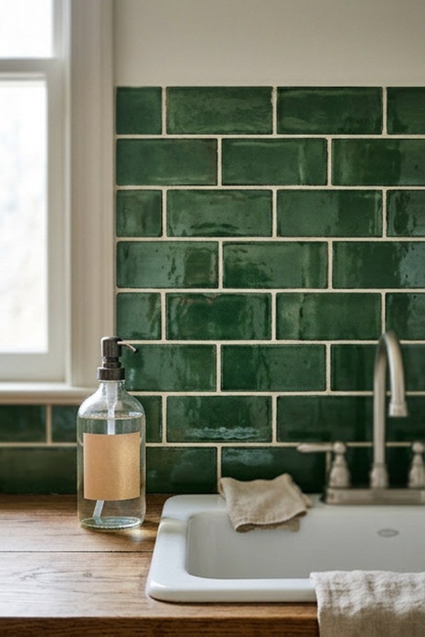 A green subway tile backsplash behind a laundry room sink