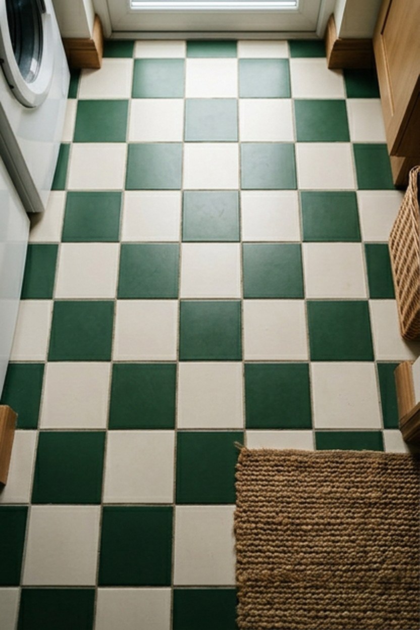 Green and white checkerboard flooring in a laundry room