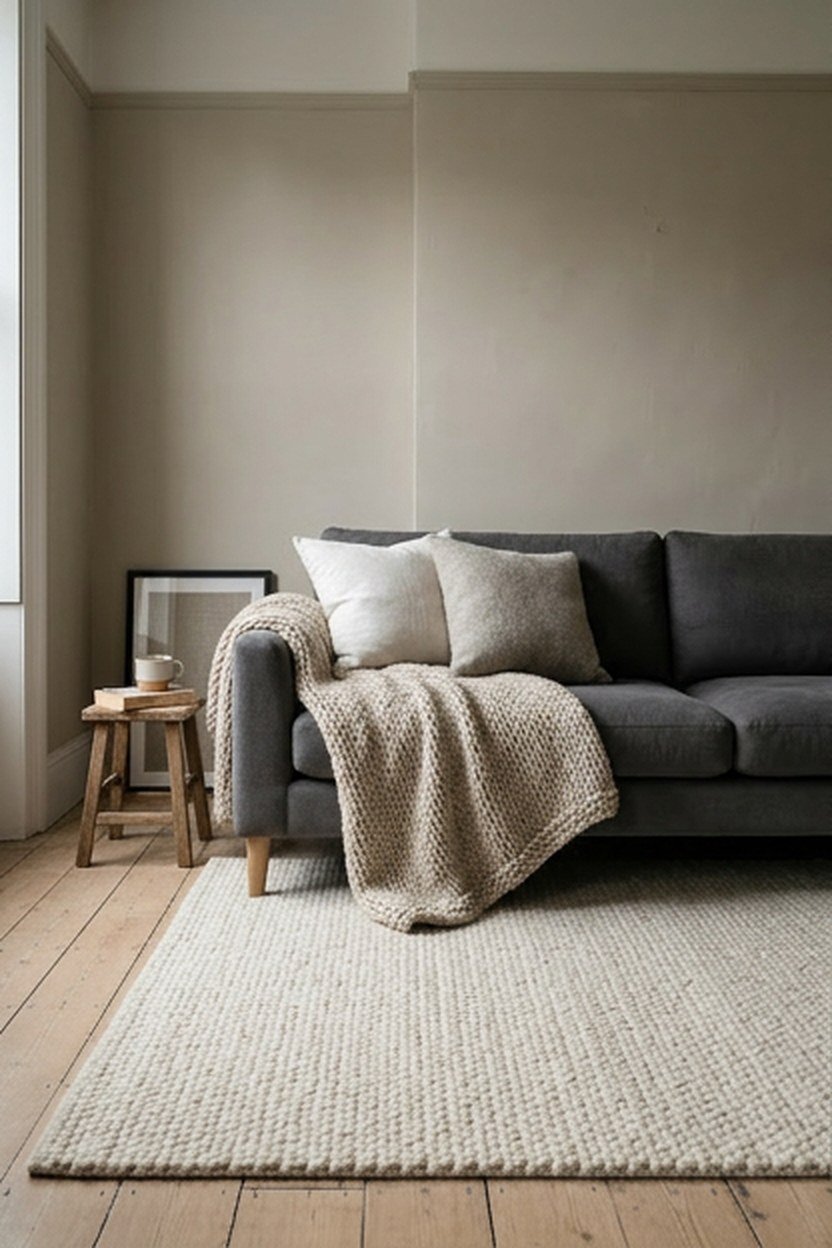 Greige walls with a soft charcoal sofa in a calm living room color scheme