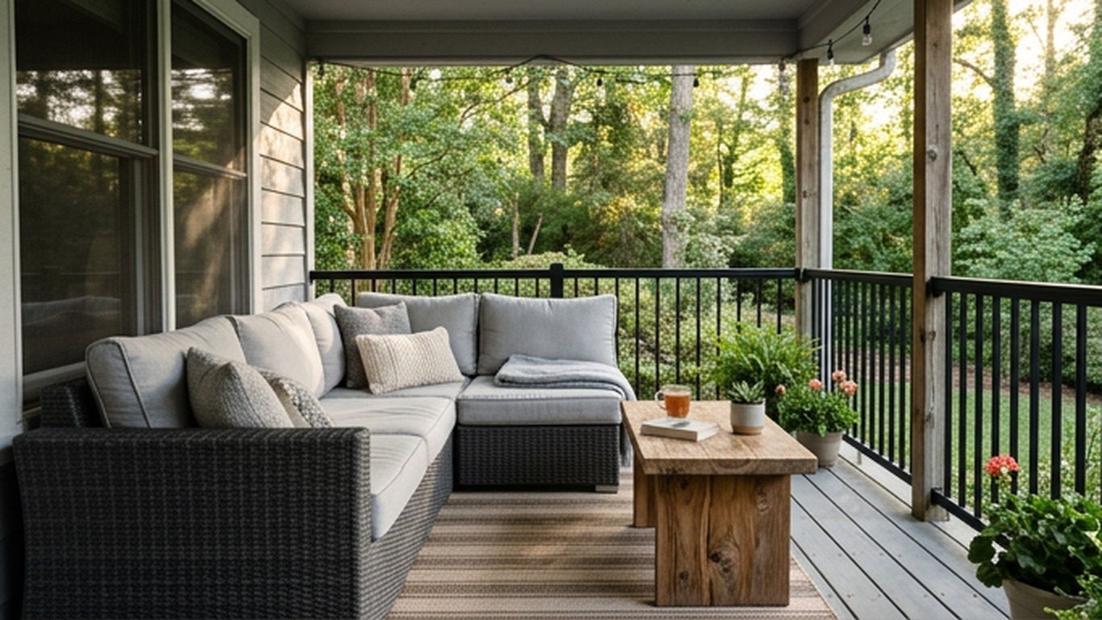 A grey back porch with a contemporary sectional and teak accent table