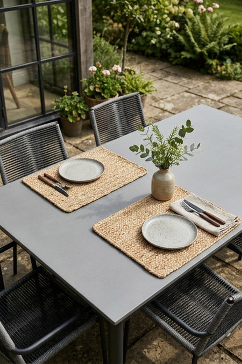 A grey and black outdoor dining set on a back porch