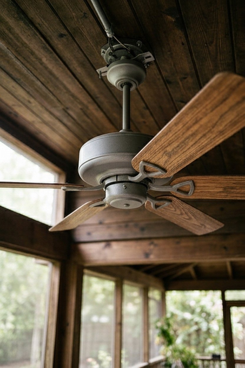 A grey ceiling fan with wood tone blades on a covered porch