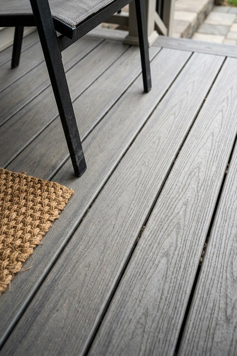 Grey composite decking with a wood look grain on a back porch