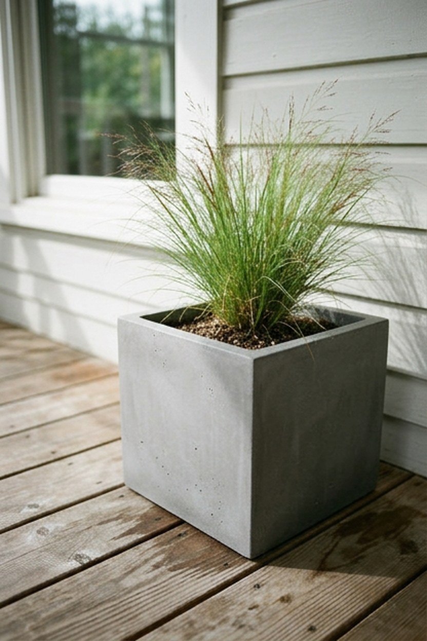 Grey concrete planters with structural greenery on a porch