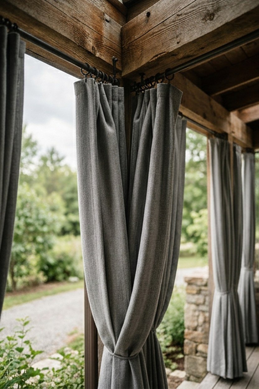 Grey outdoor curtains providing privacy on a back porch