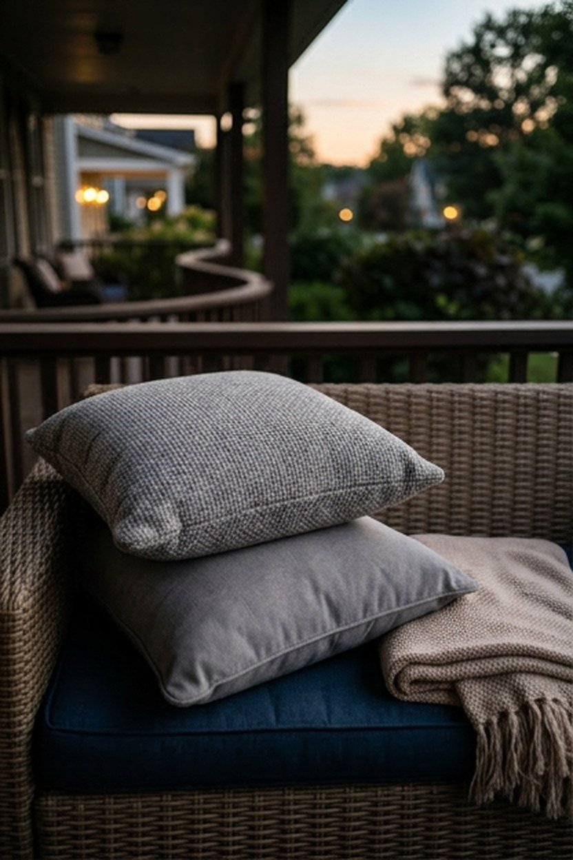 Grey outdoor throw pillows with textural variety on a porch sofa