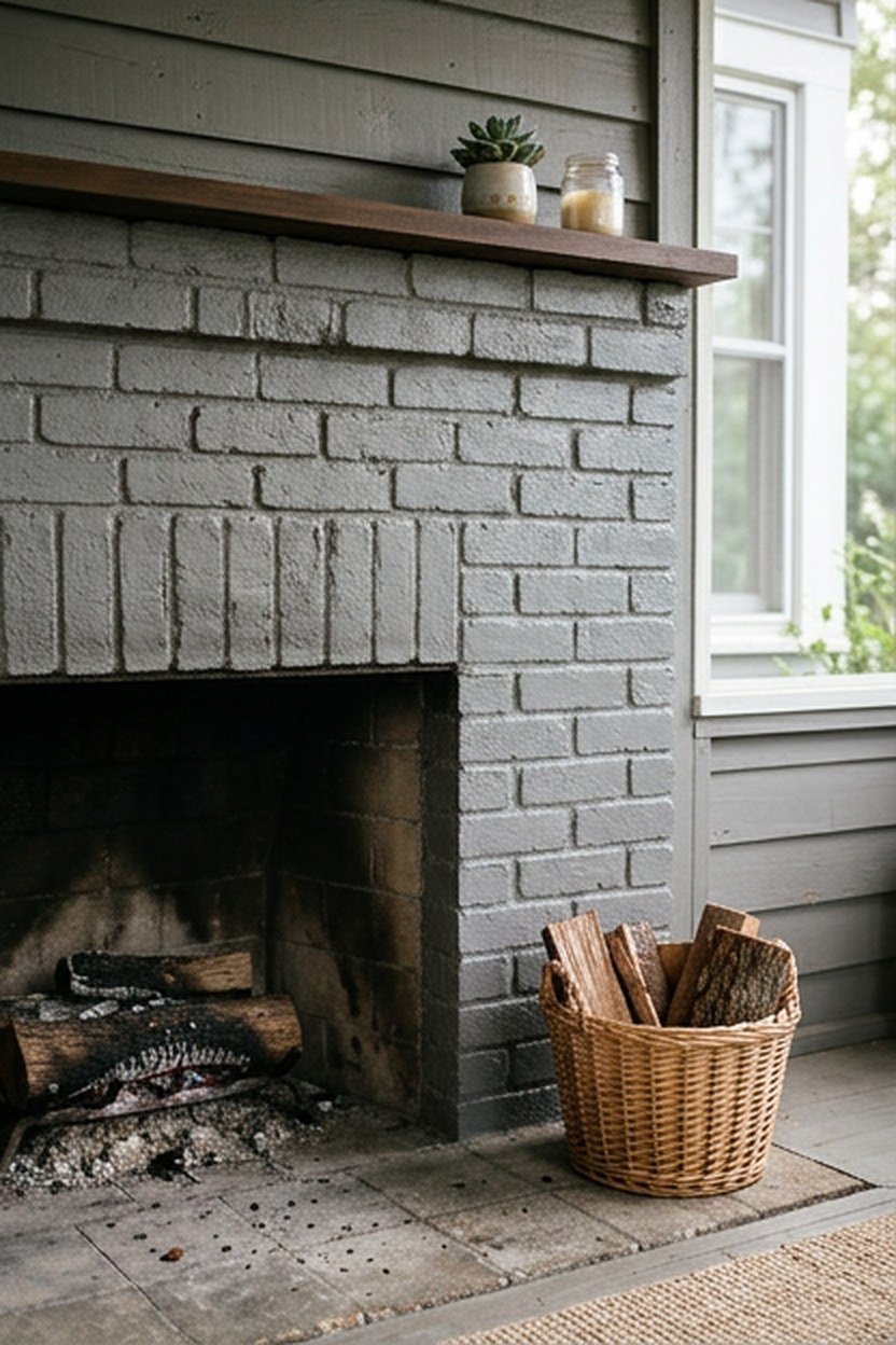 A grey painted brick fireplace on a back porch