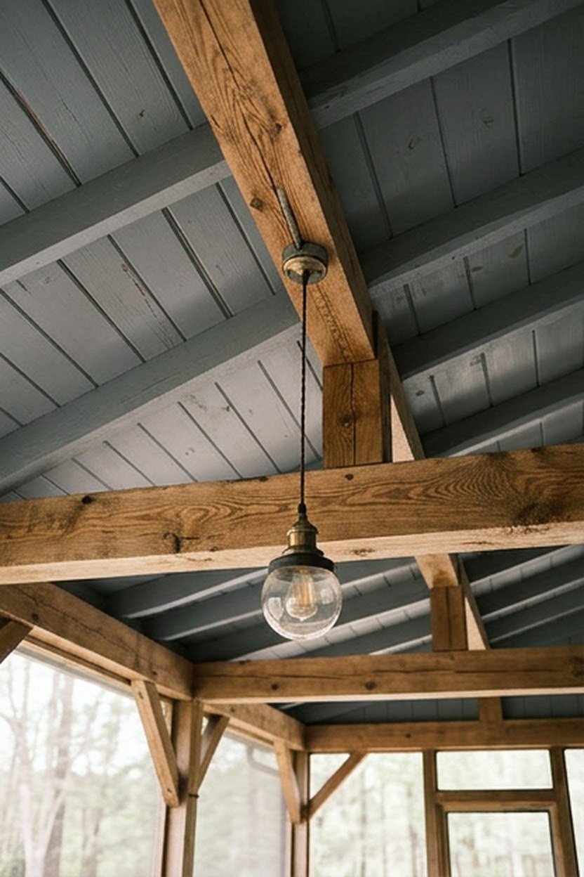 A grey painted porch ceiling with natural wood beam accents