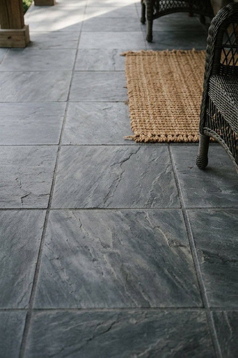 Grey slate tile flooring on a covered back porch