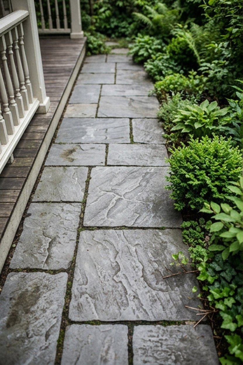 Grey stone pavers surrounding a back porch as a walkway