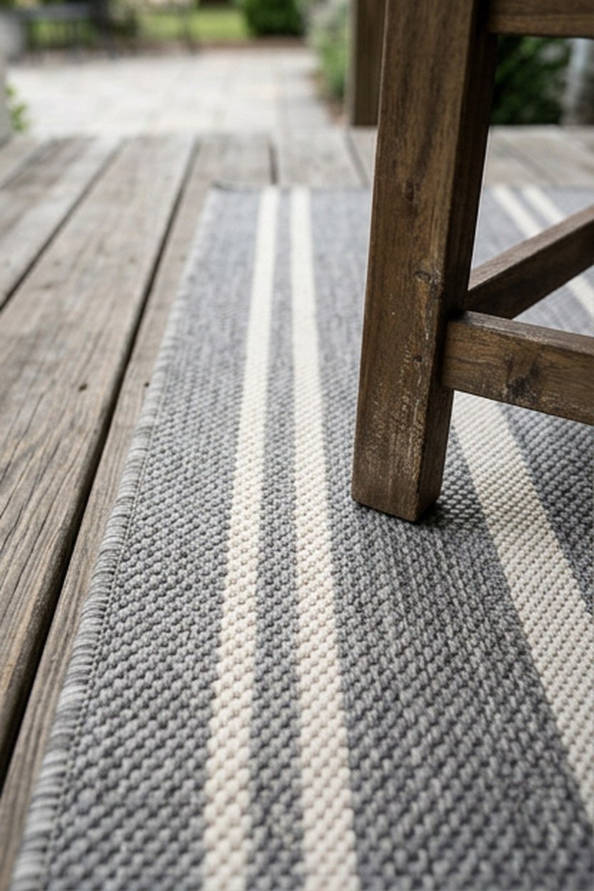 A grey and white striped outdoor rug on a back porch