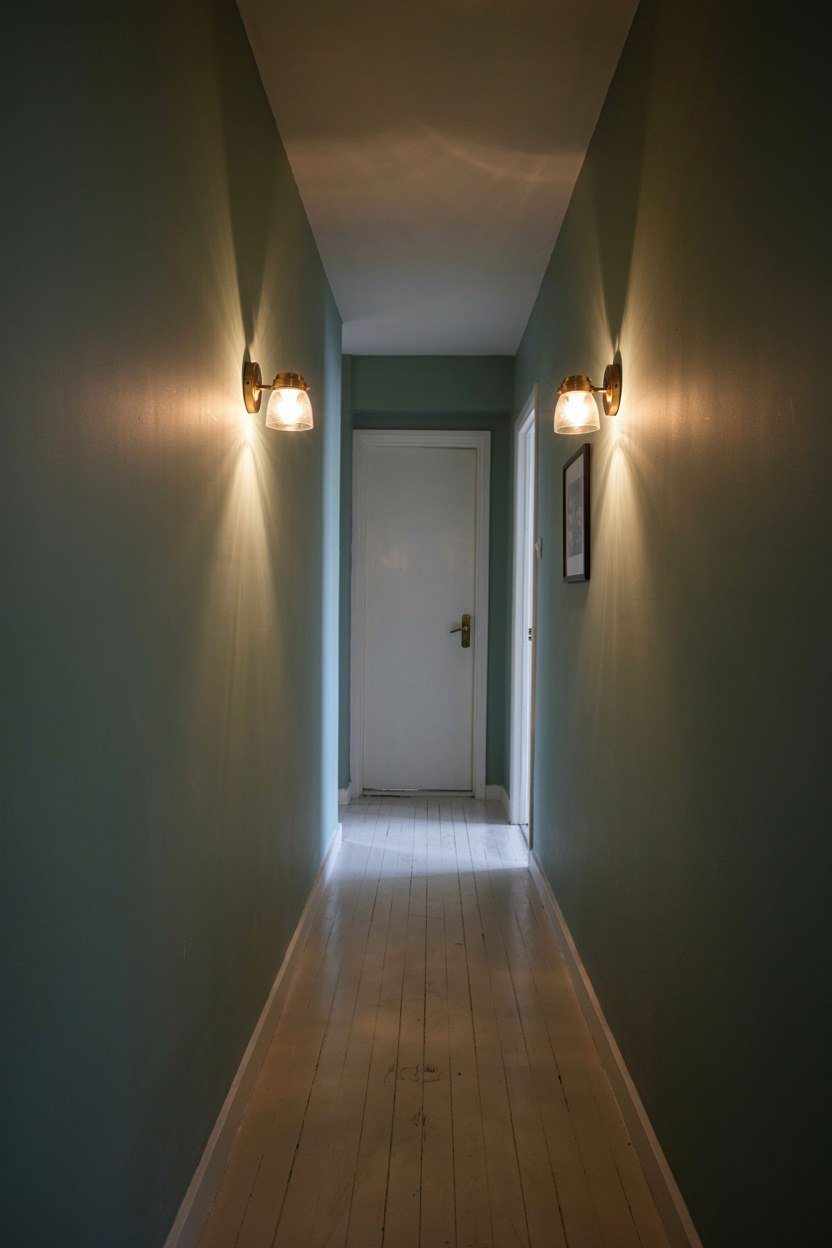Two wall lights spaced along a sage hallway lighting it evenly