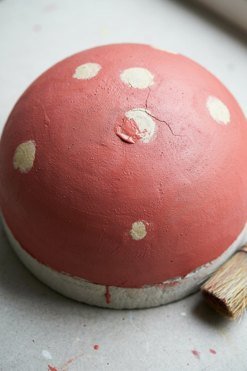 Irregular cream spots being dabbed onto a red toadstool cap