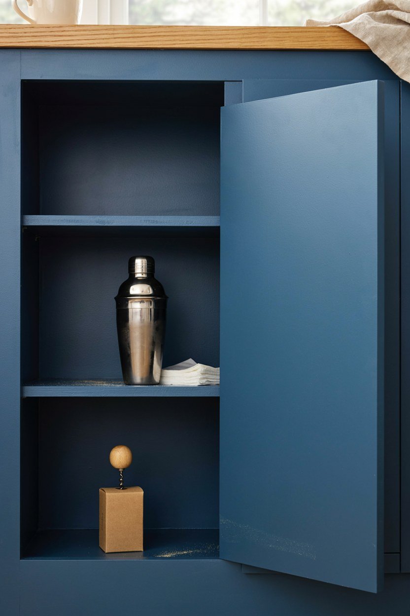 Handleless midnight blue cupboard open showing shaker and bar clutter