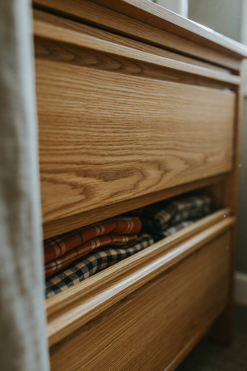 Handleless oak drawer fronts with routed finger pulls in a bathroom