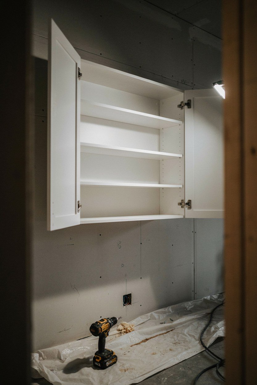 An empty bookcase carcass being swung on its hardware before loading