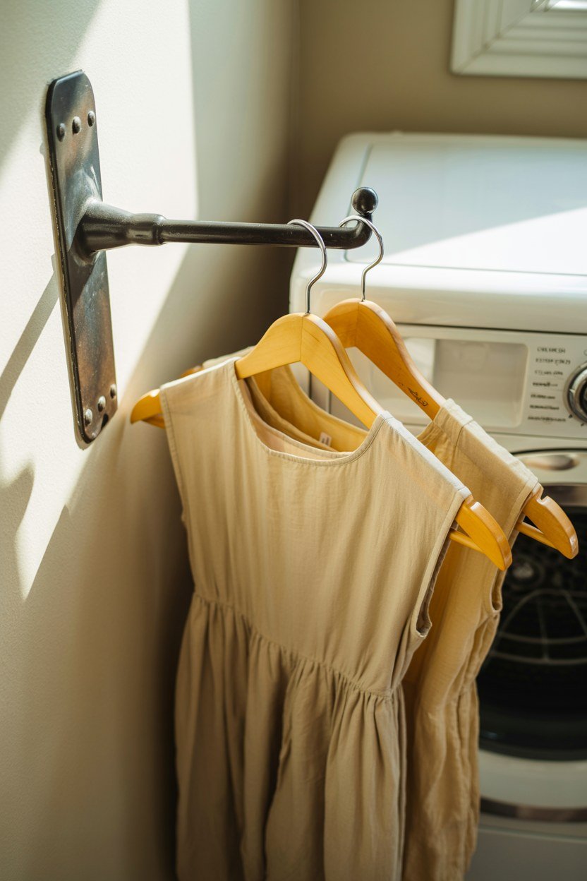 A short hanging rail beside a dryer holding a few shirts