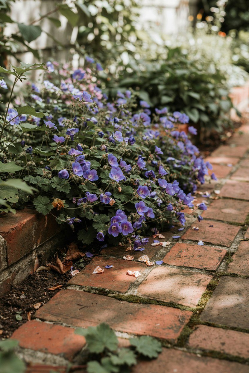 A hardy geranium in violet blue flower spilling forward over a brick garden path
