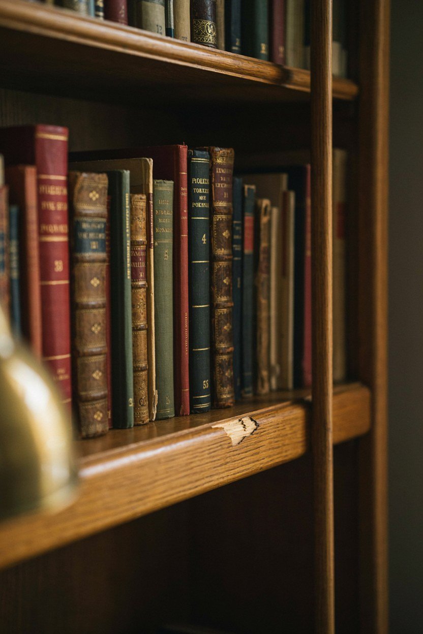 Heavy books stacked on the lowest shelf of a bookcase door for balance