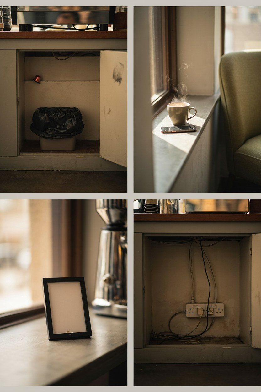 Small covered bin hidden inside the cabinet below a coffee station