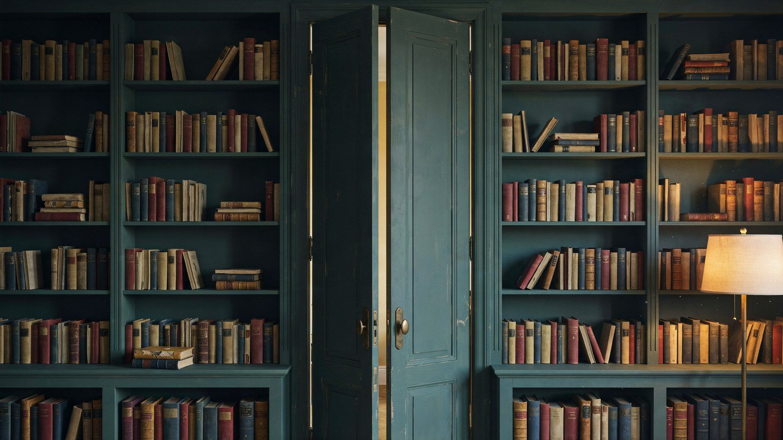 A hidden bookcase door standing slightly ajar within a run of home library shelving