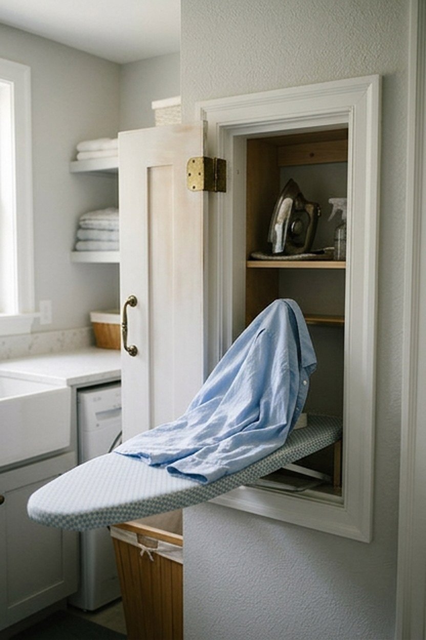 A fold-down ironing board cabinet built into a laundry room wall