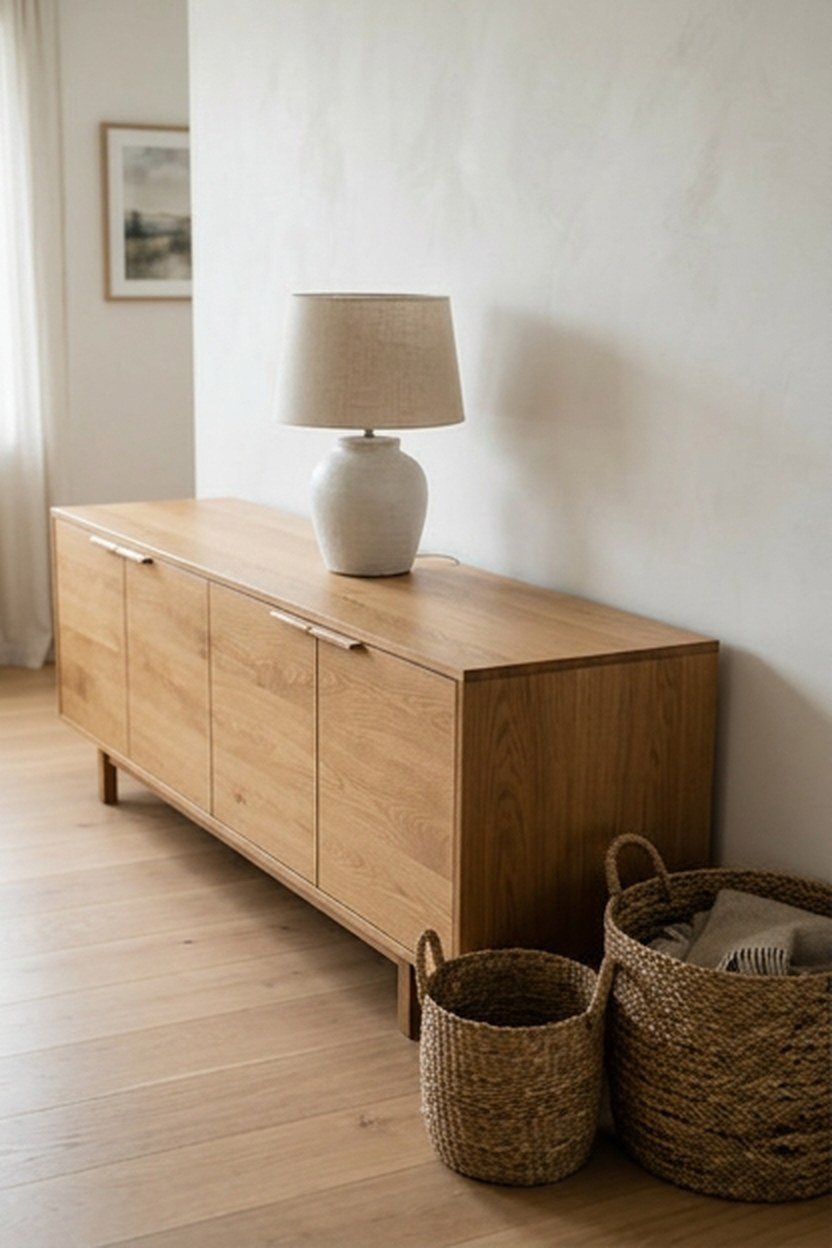 Closed oak sideboard with seagrass baskets hiding clutter in a minimalist living room