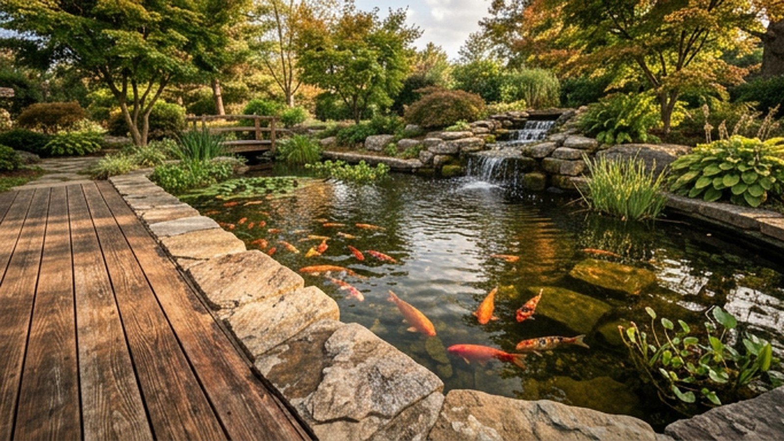 A high end koi pond with raised stone edging and a waterfall feature