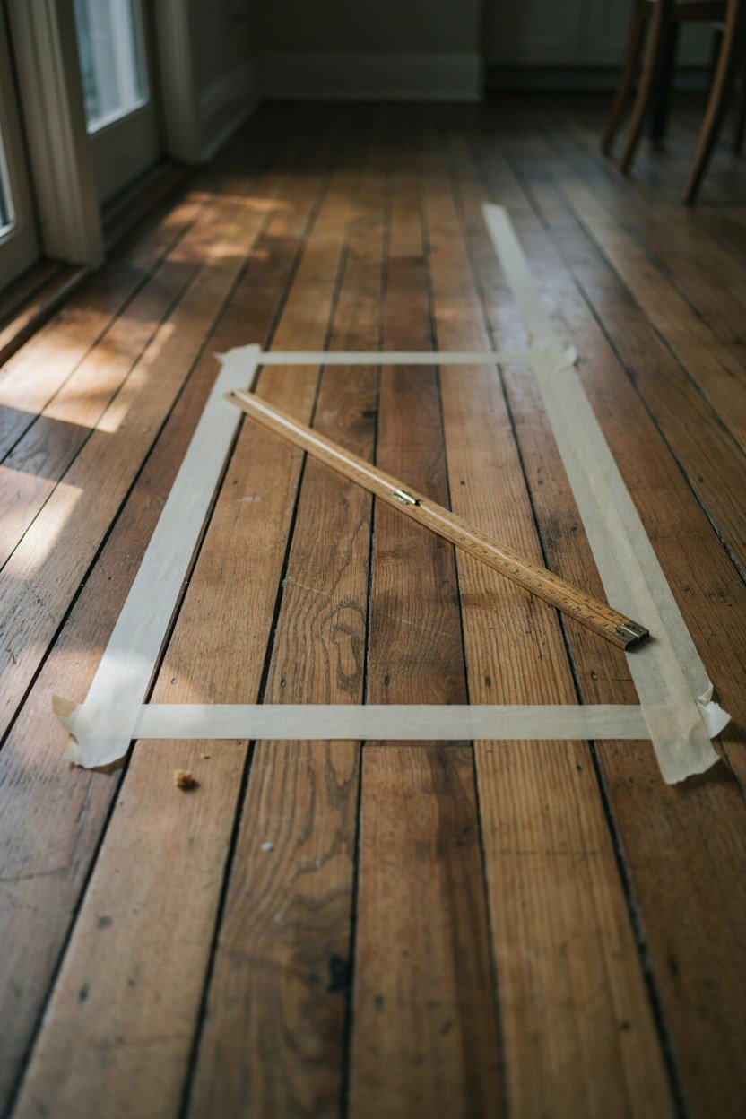 Masking tape marking out a home bar footprint on a dining room floor
