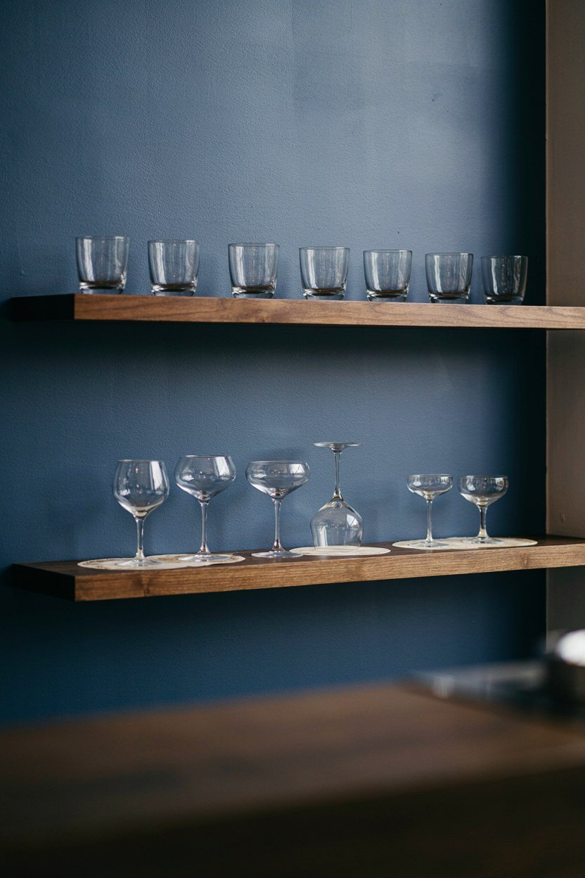 Tumblers and stemmed glasses on open shelves above a midnight blue bar