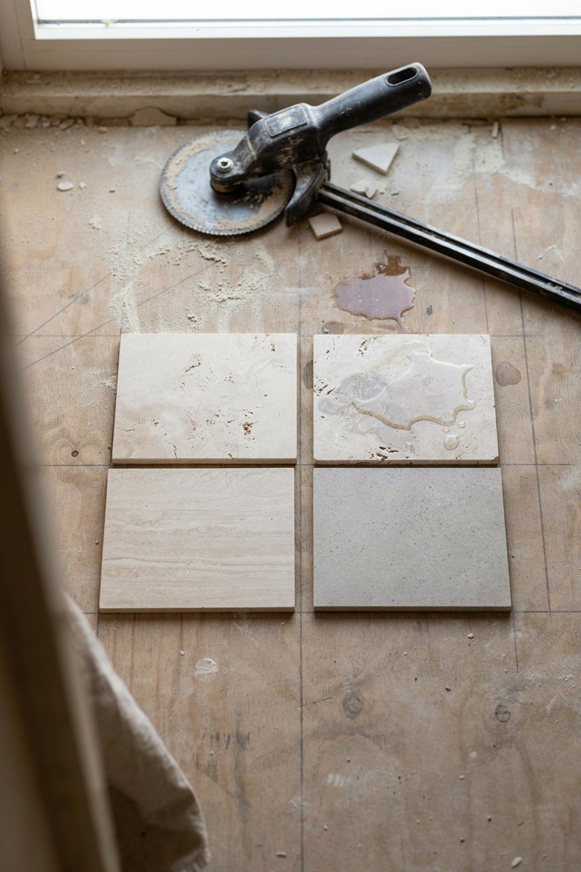 Limestone and travertine samples laid out with one wetted to show colour