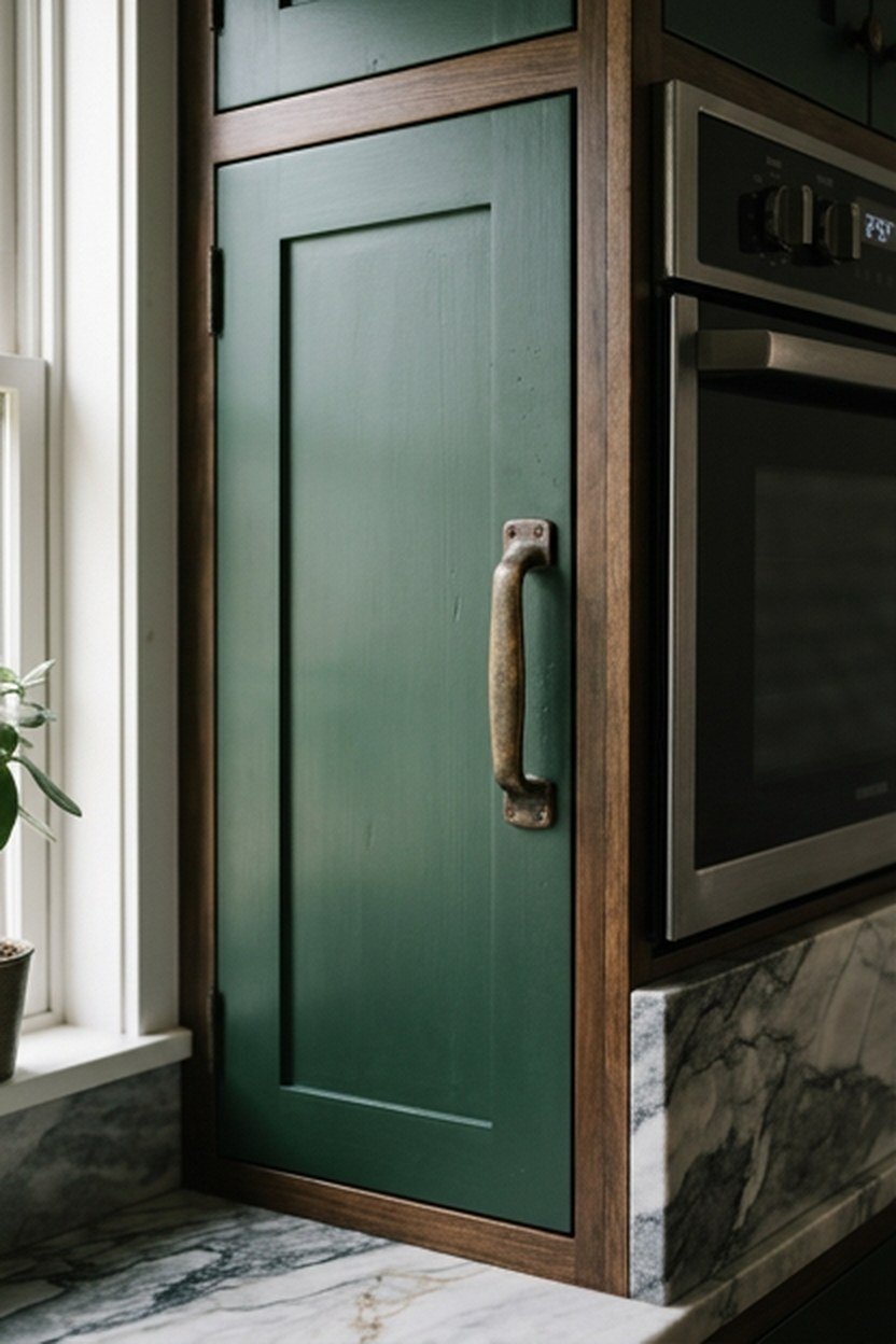 A hunter green cabinet door with brass hardware beside a marble counter edge