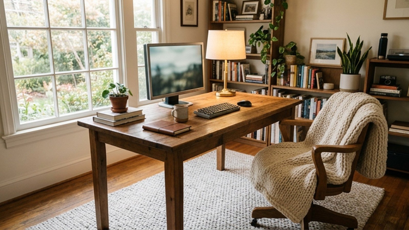 A cozy hygge home office with a wool rug, wood desk and knit throw