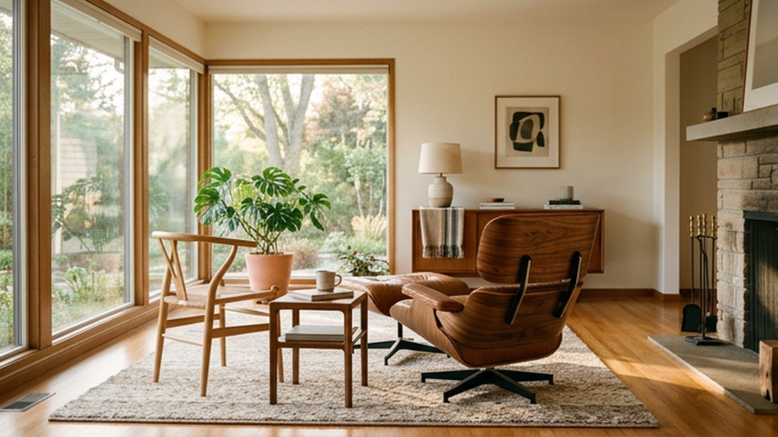 A mid-century modern living room with an Eames style lounge chair and a Wishbone chair
