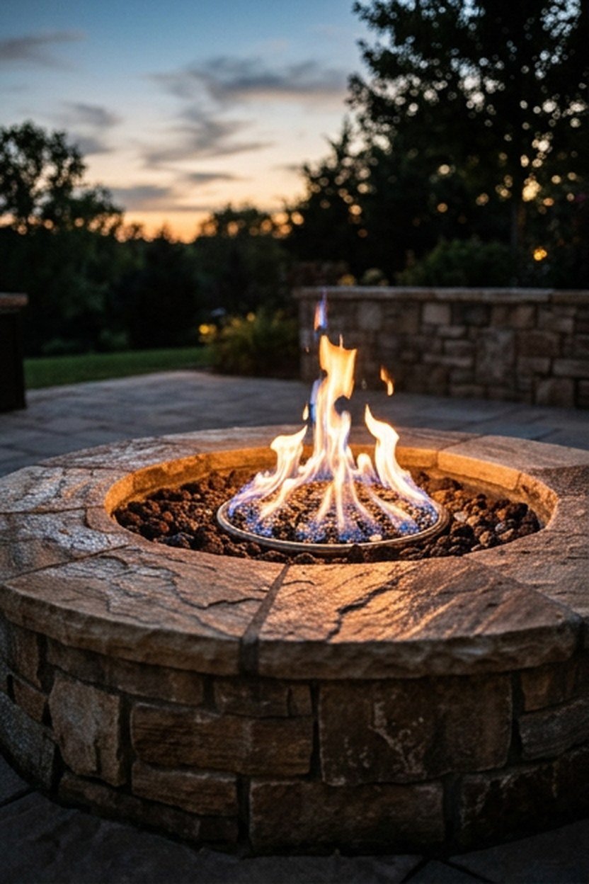 An in-ground gas fire pit with a stone surround in a backyard