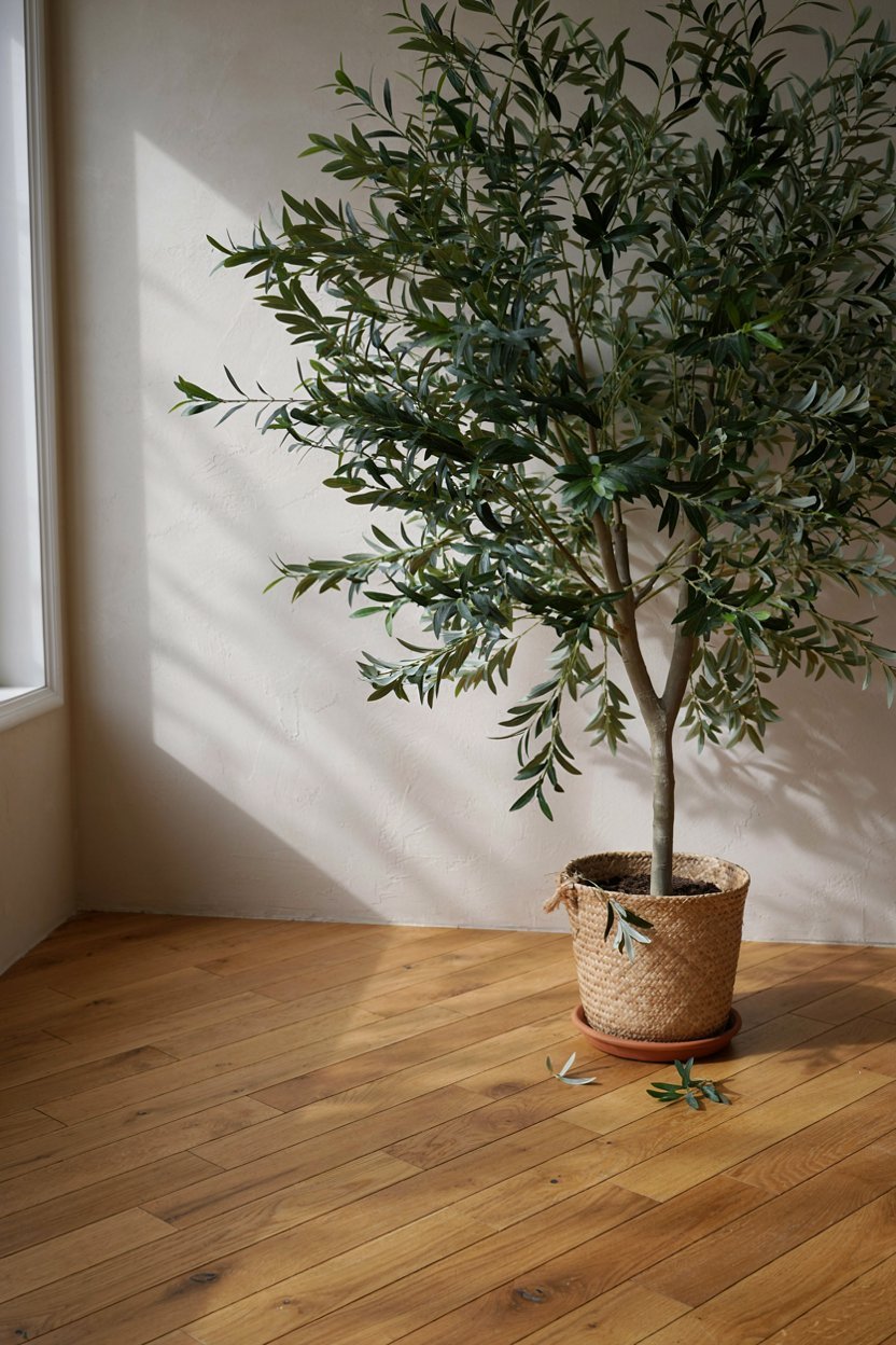 Large indoor olive tree filling a bright corner of an apartment
