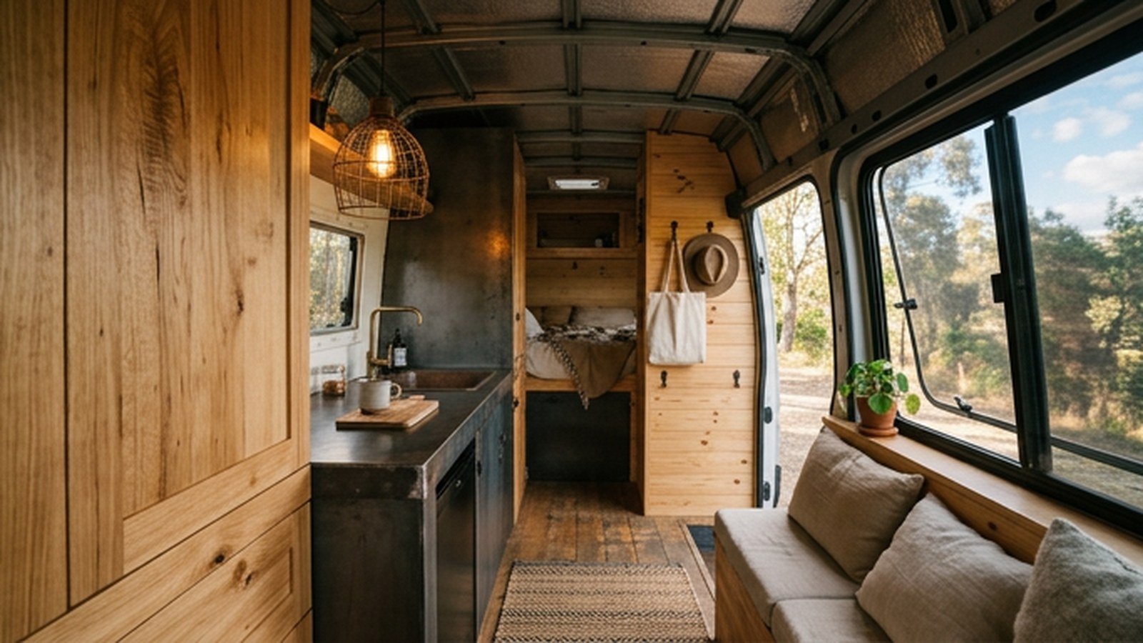 An industrial chic van interior with steel accents and warm wood cabinetry