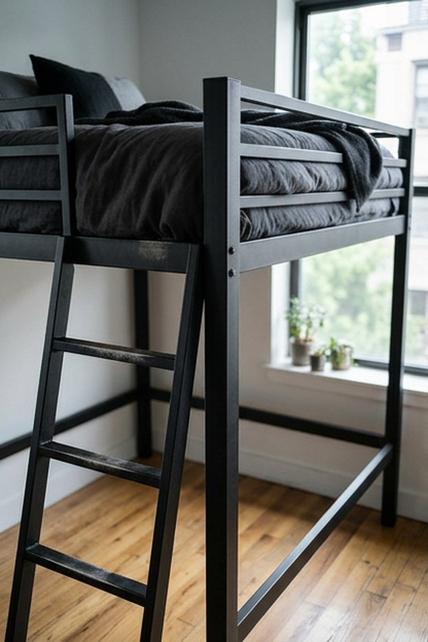 An industrial style matte black metal loft bed suited for a teenager