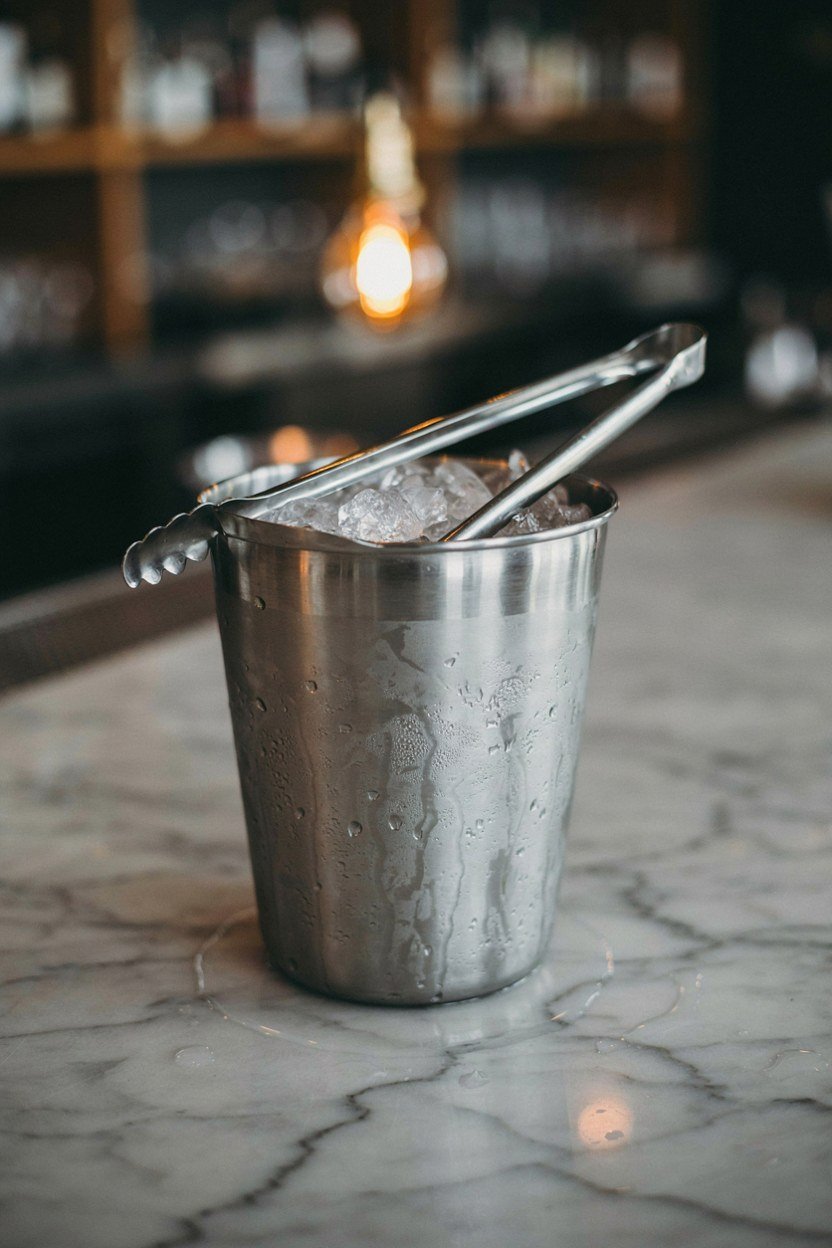Insulated ice bucket with tongs on a pale stone home bar top