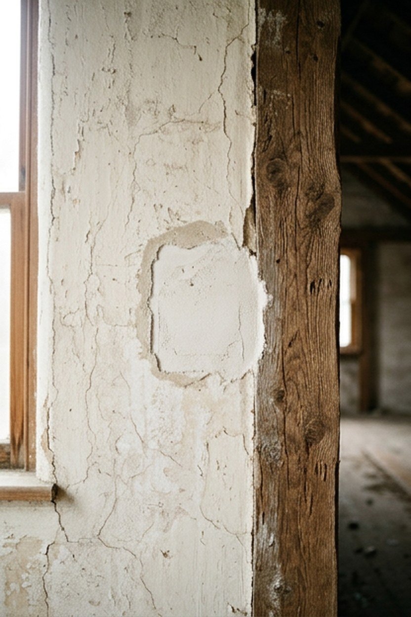 A small patched insulation access point in a plaster attic wall
