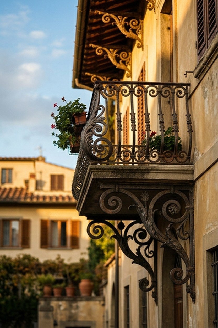 Italianate bracket and scrollwork combination on a Victorian balcony