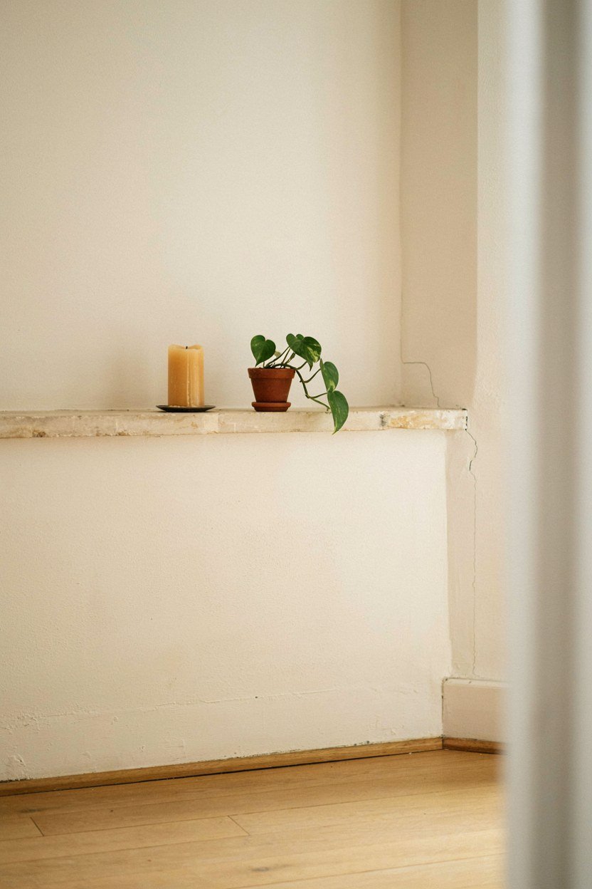 Half height wall hiding a cistern with a narrow shelf on top