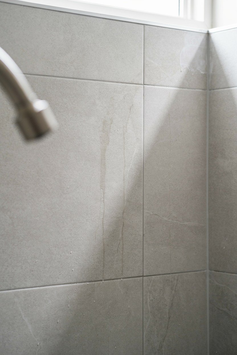 Large format stone effect porcelain tiles with fine matching grout